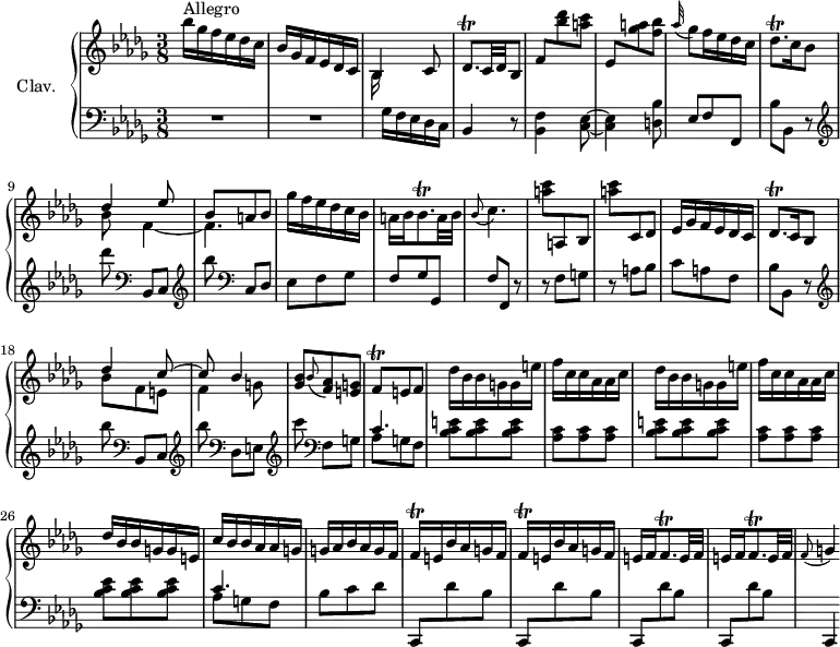 
\version "2.18.2"
\header {
  tagline = ##f
  % composer = "Domenico Scarlatti"
  % opus = "K. 131"
  % meter = "Allegro"
}
%% les petites notes
trillDesqp      = { \tag #'print { des8.\trill } \tag #'midi { ees32 des ees des~ des16 } }
trillBesqp      = { \tag #'print { bes8.\trill } \tag #'midi { c32 bes c bes~ bes16 } }
trillFqq        = { \tag #'print { f16\trill } \tag #'midi { \times 2/3 { f32 ees f } } }
upper = \relative c'' {
  \clef treble 
  \key bes \minor
  \time 3/8
  \tempo 4. = 68
  \set Staff.midiInstrument = #"harpsichord"
  \override TupletBracket.bracket-visibility = ##f
      s8*0^\markup{Allegro}
      bes'16 ges f ees des c | bes ges f ees des c | << { bes4 } \\ { bes16 } >> c8 | \trillDesqp c32 des bes8 | \stemUp f'8 \stemDown   < bes' des > < a c > \stemUp ees, \stemDown < ges' a > < f bes >
      % ms. 7
      \appoggiatura aes32 ges8 f16 ees des c  | \trillDesqp c16 bes8 | << { des4 ees8 | bes a bes } \\ { bes8 f4~ | f4. } >> | ges'16 f ees des c bes | a bes \trillBesqp a32 bes 
      % ms. 13
      \appoggiatura bes8 c4. | \stemDown < a' c >8 \stemUp a,, bes | \stemDown < a'' c > \stemUp c,, des | \stemNeutral ees16 ges f ees des c | \trillDesqp c16 bes8 | << { des'4 c8~ | c bes4 } \\ { bes8 f e | f4 g8 } >>
      % ms. 20
      < ges bes >8 \appoggiatura bes8 < f aes > < e g > | f8\trill e8 f | \repeat unfold 2 { des'16 bes bes g g e' | f c c aes aes c } | 
      % ms. 26
      des16 bes bes g g e | c' bes bes aes aes g | g aes bes aes g f | \repeat unfold 2 { \trillFqq e16 bes' aes g f } | \repeat unfold 2 { e16 f f8.\trill e32 f }
      % ms. 33
      \appoggiatura f8 g4
}
lower = \relative c' {
  \clef bass
  \key bes \minor
  \time 3/8
  \set Staff.midiInstrument = #"harpsichord"
  \override TupletBracket.bracket-visibility = ##f
    % ************************************** \appoggiatura a16  \repeat unfold 2 {  } \times 2/3 { }   \omit TupletNumber 
      R4.*2 | s16 ges16 f ees des c | bes4 r8 | < bes f' >4 < c ees >8~ | q4 < d bes' >8 |
      % ms. 7
      ees8 f f, | bes' bes, r8 |   \clef treble  des'''8   \clef bass  bes,,,8[ c] | \clef treble  bes'''8  \clef bass  c,,,8[ des] | ees f ges | f ges ges, |
      % ms. 13
      f'8 f, r8 | r8 f'8 g | r8 a bes | c a f | bes bes, r8 | \clef treble  bes'''8 \clef bass  bes,,,8[ c] | \clef treble  bes'''8 \clef bass  des,,,8[ e] |
      % ms. 20
      \clef treble  c'''8 \clef bass  f,,,8[ g] | << { c4. } \\ { aes8 g f } >> | \repeat unfold 2 { < bes c e >8 q q | < aes c > q q } |
      % ms. 26
      < bes c ees >8 q q | << { c4. } \\ { aes8 g f } >> | bes8 c des | \repeat unfold 4 { \stemUp c,, \stemDown des'' bes } | \stemUp
      % ms. 29
      c,,4 
}
thePianoStaff = \new PianoStaff <<
    \set PianoStaff.instrumentName = #"Clav."
    \new Staff = "upper" \upper
    \new Staff = "lower" \lower
  >>
\score {
  \keepWithTag #'print \thePianoStaff
  \layout {
      #(layout-set-staff-size 17)
    \context {
      \Score
     \override SpacingSpanner.common-shortest-duration = #(ly:make-moment 1/2)
      \remove "Metronome_mark_engraver"
    }
  }
}
\score {
  \keepWithTag #'midi \thePianoStaff
  \midi { }
}
