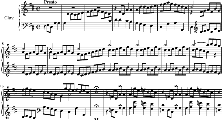 
\version "2.18.2"
\header {
  tagline = ##f
  % composer = "Domenico Scarlatti"
  % opus = "K. 388"
  % meter = "Presto"
}
%% les petites notes
trillApUp     = { \tag #'print { a'4\prall } \tag #'midi { b32 a b a~ a8 } }
upper = \relative c'' {
  \clef treble 
  \key d \major
  \time 2/2
  \tempo 2 = 72
  \set Staff.midiInstrument = #"harpsichord"
  \override TupletBracket.bracket-visibility = ##f
      s8*0^\markup{Presto}
      R1*3 | r4 fis,8 d a'4 a |
      % ms. 5
      a4 d d8 cis d e | fis g a g fis e d cis | << { d2 } \\ { r4 fis,8 g } >> a8 fis b g | \repeat unfold 2 { << { d'2 } \\ { a4 fis8 g } >> a8 fis b g } |
      % ms. 10
      << { d'2 } \\ { fis,8 e fis g a b cis d } >> | \repeat unfold 3 { << { a'2 } \\ { cis,4 cis8 d e cis fis d } >> }
      % ms. 14
      << { a'2~ a8 b a g } \\ { cis,8 d cis b a4 r4 } >> fis'8 g fis e d cis b a | << { g8 g' fis e fis d e cis } \\ { g4 a2 } >> d1\fermata
      % ms. 18
      r4 \repeat unfold 2 { f,8 d \trillApUp a4 | a g'8 e f d e cis | d4 }
}
lower = \relative c' {
  \clef bass
  \key d \major
  \time 2/2
  \set Staff.midiInstrument = #"harpsichord"
  \override TupletBracket.bracket-visibility = ##f
    % ************************************** \appoggiatura a16  \repeat unfold 2 {  } \times 2/3 { }   \omit TupletNumber 
      r4 fis,8 d a'4 a | a \stemDown \change Staff = "upper"  d d8 cis d e | fis g a g fis e d \stemNeutral \change Staff = "lower" cis | d4 d cis b |
      % ms. 5
      a4 g fis e | d g a a, | d   \clef treble  d'8 e fis d g e | \repeat unfold 2 { fis4 d8 e fis d g e } |
      % ms. 10
      d8 cis d e fis g a b | \repeat unfold 3 { a4 a8 b cis a d b } |
      % ms. 14
      a8 b a g fis g fis e | d e d cis    \clef bass b a g fis | e4 d a' a, | d,1\fermata |
      % ms. 18
      r4 \repeat unfold 2 { f'8 d \trillApUp a4 | a < b g' > < a f' > < g e' > | < f d' > } | 
}
thePianoStaff = \new PianoStaff <<
    \set PianoStaff.instrumentName = #"Clav."
    \new Staff = "upper" \upper
    \new Staff = "lower" \lower
  >>
\score {
  \keepWithTag #'print \thePianoStaff
  \layout {
      #(layout-set-staff-size 17)
    \context {
      \Score
     \override SpacingSpanner.common-shortest-duration = #(ly:make-moment 1/2)
      \remove "Metronome_mark_engraver"
    }
  }
}
\score {
  \keepWithTag #'midi \thePianoStaff
  \midi { }
}
