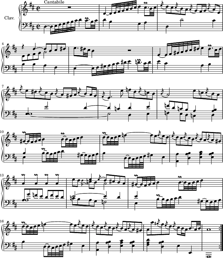 
\version "2.18.2"
\header {
  tagline = ##f
  % composer = "Domenico Scarlatti"
  % opus = "K. 534"
  % meter = "Cantabile"
}
%% les petites notes
trillCisqp     = { \tag #'print { cis8.\prall } \tag #'midi { d32 cis d cis~ cis16 } }
trillDisqp     = { \tag #'print { dis8.\prall } \tag #'midi { e32 dis e dis~ dis16 } }
trillGisqp     = { \tag #'print { gis8\prall~ } \tag #'midi { a32 gis a gis~ } }
trillBqp       = { \tag #'print { b8\prall~ } \tag #'midi { cis32 b cis b~ } }
trillBqpUp     = { \tag #'print { b'8\prall~ } \tag #'midi { cis32 b cis b~ } }
trillDqp       = { \tag #'print { d8\prall~ } \tag #'midi { e32 d e d~ } }
trillDqpp      = { \tag #'print { d8.\prall } \tag #'midi { e32 d e d~ d16 } }
trillA         = { \tag #'print { a4\prall } \tag #'midi { b32 a b a~ a8 } }
upper = \relative c'' {
  \clef treble 
  \key d \major
  \time 2/2
  \tempo 2 = 52
  \set Staff.midiInstrument = #"harpsichord"
  \override TupletBracket.bracket-visibility = ##f
  \repeat volta 2 {
      s8*0^\markup{Cantabile}
      R1 | d,4~ d16 e32 fis g a b cis d4 \trillCisqp b32 cis | \acciaccatura e8 d8 cis \acciaccatura cis8 b8 a \acciaccatura a8 g8 fis16 g \acciaccatura b8 a[ e] |
      % ms. 4
      << { r4 d'4~ d8 b cis dis } \\ { d,8 e fis g | a2 } >> | e'8. dis32 cis b4 r2 | e,4~ e16 fis32 gis a b cis dis e4 \trillDisqp cis32 dis |
      % ms. 7
      \acciaccatura fis8 e8 dis \acciaccatura dis8 cis8 b \acciaccatura b8 a8 gis16 a \acciaccatura cis8 b8[ a16 gis] | \acciaccatura fis8 e4. e'8 f d \acciaccatura d8 c8 b | \acciaccatura  b8 a2 e'8 c \acciaccatura c8 b8 a |
      % ms. 10
      \trillGisqp gis32 fis gis a b4 \trillBqp b32 a b cis d4 | \trillDqp d32 cis32 d e f4~ f8 e \acciaccatura f8 e8 d | \acciaccatura e8 d8 cis \acciaccatura d8 cis8 b \acciaccatura cis8 b8 a \acciaccatura b8 a8 gis |
      % ms. 13
      \repeat unfold 4 { \trillA } | e'8 d << { e4 \acciaccatura e8 d8 cis b a } \\ { \acciaccatura d8 c8 b \stemDown a2 } >> | \trillGisqp gis32 fis gis a b4 \trillBqp b32 a b cis d4 | 
      % ms. 16
      \trillDqp d32 cis32 d e f4~ f8 e \acciaccatura f8 e8 d | \acciaccatura e8 d8 cis \acciaccatura d8 cis8 b \acciaccatura cis8 b8 a \acciaccatura b8 a8 gis | a8 a' \acciaccatura gis8 fis8 \acciaccatura e8 d8 \acciaccatura d8 cis8 b16 a b8. a32 b | a1 }%repet
}
lower = \relative c' {
  \clef bass
  \key d \major
  \time 2/2
  \set Staff.midiInstrument = #"harpsichord"
  \override TupletBracket.bracket-visibility = ##f
  \repeat volta 2 {
    % ************************************** \appoggiatura a16  \repeat unfold 2 {  } \times 2/3 { }   \omit TupletNumber 
      d,4~ d16 e32 fis g a b cis d4 \trillCisqp b32 cis | d4 b g a | d, d'2 cis4 |
      % ms. 4
      b4 b a fis | e4~ e16 fis32 gis a b cis dis e4 \trillDqpp cis32 d | e4 cis a b |
      % ms. 7
      << { e,4 e'2 d4~ | d c d e | f8 d c b a4 < a b > | b } \\ { e,1~ | e2 d4 e | f e8 d c4 d | e } >>
      % ms. 10 suite
      \trillBqpUp b32 a b cis d4 gis,8~ gis32 fis gis a | b4 d,8~ d32 cis d e64 fis gis4 e | < a, a' > < d a' b > < e a cis > < e a b > |
      % ms. 13
      << { a8 g' f e d f e d | e2~ e4 d | e } \\ { a,1 | c8 b a g f2 | e4 } >> | \trillBqpUp b32 a b cis d4 gis,8~ gis32 fis gis a | b4 d,8~ d32 cis d e64 fis gis4 e | < a, a' > < d a' b > < e a cis > < e a b > |
      % ms. 18
      < fis a d >4 < d a' b >  e e, | a,1 }%repet
}
thePianoStaff = \new PianoStaff <<
    \set PianoStaff.instrumentName = #"Clav."
    \new Staff = "upper" \upper
    \new Staff = "lower" \lower
  >>
\score {
  \keepWithTag #'print \thePianoStaff
  \layout {
      #(layout-set-staff-size 17)
    \context {
      \Score
     \override SpacingSpanner.common-shortest-duration = #(ly:make-moment 1/2)
      \remove "Metronome_mark_engraver"
    }
  }
}
\score {
%   \unfoldRepeats
  \keepWithTag #'midi \thePianoStaff
  \midi { }
}
