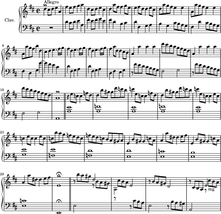 
\version "2.18.2"
\header {
  tagline = ##f
  % composer = "Domenico Scarlatti"
  % opus = "K. 352"
  % meter = "Allegro"
}
%% les petites notes
trillEr      = { \tag #'print { e,1\prall\fermata } \tag #'midi { \times 2/3 { fis16 e fis e fis e~ } \tempo 2 = 60 e2.   \tempo 2 = 76 } }
trillAr      = { \tag #'print { a1\prall } \tag #'midi { \times 2/3 { b16 a b a b a~ }  \tempo 2 = 60 a2.   \tempo 2 = 76 } }
trillD       = { \tag #'print { d4\prall } \tag #'midi { \times 2/3 { e16 d e } d8 } }
upper = \relative c'' {
  \clef treble 
  \key d \major
  \time 2/2
  \tempo 2 = 76
      s8*0^\markup{Allegro}
      \trillD cis8 d e4 a, | fis' e8 fis g4 a | d, cis8 d e4 cis | d a'8 fis fis4 g8 e |
      % ms. 5
      e4 fis8 d d4 e8 cis | d \repeat unfold 2 { a' g fis e4 e | a,8 } a' g fis b4 d, |
      % ms. 9
      cis4 \repeat unfold 3 { d e4. fis16 g | fis4 } a8 d, d4 cis8 b |
      % ms. 13
      \repeat unfold 2 { a4 a' a a | d8 cis b a g fis e d } | \trillAr 
      % ms. 18
      r4 \repeat unfold 2 { e'8 c c4 f8 d | d4 b'8 gis gis d' c b |
      % ms. 22
      c4 }  \repeat unfold 3 { e,8 c c4 } e8 c | c b' a g f e d c | f e d c b a gis a |
      % ms. 26
      \repeat unfold 2 { e4 b'8 gis gis4 c8 a | a4 a'8 dis, dis4 e8 fis } | \trillEr
      % ms. 31
      r8 b''8 a gis \stemUp d2 \stemNeutral | r8 cis8 b a e2 | r8 b'8 a gis d2 | r8 cis8 b a e'2
}
lower = \relative c' {
  \clef bass
  \key d \major
  \time 2/2
    % ************************************** \appoggiatura a16  \repeat unfold 2 {  } \times 2/3 { }   \omit TupletNumber 
      R1 | d4 cis8 d e4 a, | fis' e8 fis g4 e | fis d b cis |
      % ms. 5
      d4 fis, g a | b g cis8 b a g | fis4 d' cis8 b a g | fis4 d g g'~ |
      % ms. 9
      g4 fis e cis | \repeat unfold 2 { d4 fis, g a } | d,4 fis e g |
      % ms. 13
      \repeat unfold 2 { r8 fis'8 e d cis b a g | fis2 g } | a,1  \bar "||"
      % ms. 18
      \repeat unfold 2 { < a' e' >1 < a f' > }
      % ms. 22
      < a e' >1 < g e' > < f e' > < f d' >
      % ms. 26
      < e d' >1 < e c' > < e b' > < e c' > e,1\fermata  \bar "||"
      % ms. 31
      e'2  \stemDown \change Staff = "upper" r8 b''8 a gis | a,2  \stemNeutral \change Staff = "lower" r8 cis8 b a | e2   r8 b'8 a gis | a,2 \stemDown \change Staff = "upper"  r8 cis''8_\markup{mg} b a |
}
thePianoStaff = \new PianoStaff <<
    \set PianoStaff.instrumentName = #"Clav."
    \new Staff = "upper" \upper
    \new Staff = "lower" \lower
  >>
\score {
  \keepWithTag #'print \thePianoStaff
  \layout {
      #(layout-set-staff-size 17)
    \context {
      \Score
     \override TupletBracket.bracket-visibility = ##f
     \override SpacingSpanner.common-shortest-duration = #(ly:make-moment 1/2)
      \remove "Metronome_mark_engraver"
    }
  }
}
\score {
  \keepWithTag #'midi \thePianoStaff
  \midi { \set Staff.midiInstrument = #"harpsichord" }
}
