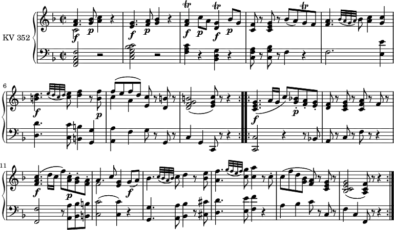 
\header {
  tagline = ##f
}
upper = \relative c'' { 
        \version "2.18.2"
         \clef "treble"          
         \key f \major
         \time 2/2 
         \tempo 4 = 120                 
         \set Staff.midiInstrument = #"piano"
  \repeat volta 2 {
    <<{<f, a>4. \f <g bes>8\p} \\ {c,2}>> <a' c>4 r
    <e g>4. \f <f a>8\p <g bes>4 r
     <f a>\trill \f c'8\p a <d, g>4\trill \f bes'8\p g
     <c, f>8 r <c e g> r bes' (a) g\trill f
    <f a>4. \grace { bes32 ([a g  a]) } bes8 <a c>4 <g c>
    <b d>4.\f \grace { e32 ([ d c d]) } <c e>8 <d f>4 r8 <b f'>\p
    <<{f' (e f d)} \\ {c4 a}>> <e c'>8 r <d b'> r
    <d f g b>2 (<e g c>8) r8 r4
          }
  \repeat volta 2 { 
          <c e g>4.\f (a'16 g c8) <g bes!>-.\p <f a>-. <e g>-. 
          <d f> r <c e g> r <c f a>  r f r
          <f a c>4.\f (d'16 c f8) <a, c>-.\p <g bes>-. <f a>-.
          <<{a4.  c8} \\ {f,2}>> <e g>4 g8\f (a)
          bes4. \grace {c32 ([ bes a bes]) } c8 d4 r8 <bes e>8
          <a f'>4.  \grace { g'32 ([ f e f]) } <c g'>8 <c a'>4 r8 c-.
          c (f d <g, bes> <f a>) r8 <c e g> r
         <bes c e g>2 (<a c f>8) r8 r4
       }
}
lower = \relative c {
        \clef "bass" 
        \key f \major
        \time 2/2 
        \set Staff.midiInstrument = #"piano"
  \repeat volta 2 { 
    <f, a c f>2 r
    <c' e g bes c>2 r
    <f a c>4 r <bes, d g> r
    <c f a>8 r <c g' bes> r f4 r
    f2. <e e'>4
    <d d'>4. <c c'>8 <b b'>4 <g g'>
    <a a'> f' g8 r g, r
    c4 g c,8 r8 r4
  } 
  \repeat volta 2 {
     <c c'>2 r4 r8 bes'!8
     a r c r f r r4
     <f, f'>2 r8 <a a'> <bes bes'> <b b'> 
     <c c'>2 (<c c'>4)  r
     <g g'>4. <a a'>8 <bes bes'>4 r8 <cis cis'>8
     <d d'>4. <e e'>8 <f f'>4 r
     a bes c8 r c, r
     f4 c f,8 r r4
  }   
}
\score {
  \new PianoStaff <<
    \set PianoStaff.instrumentName = #"KV 352"
    \new Staff = "upper" \upper
    \new Staff = "lower" \lower
  >>
  \layout {
    \context {
      \Score
      \remove "Metronome_mark_engraver"
    }
  }
  \midi { }
}
