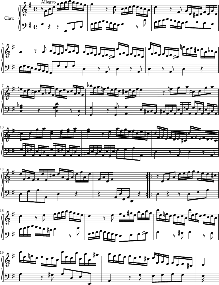 
\version "2.18.2"
\header {
  tagline = ##f
  % composer = "Domenico Scarlatti"
  % opus = "K. 71"
  % meter = "Allegro"
}
%% les petites notes
%trillBesp     = { \tag #'print { bes4.\prall } \tag #'midi { c32 bes c bes~ bes4 } }
upper = \relative c'' {
  \clef treble 
  \key g \major
  \time 4/4
  \tempo 4 = 82
  \repeat volta 2 {
      s8*0^\markup{Allegro}
      r8 g8 b d g16 a b c b a g fis | g4 r8 d8 b16 c d e d c b a |
      % ms. 3
      d4 r8 fis,8 g16 d cis d fis d g d | a'4 r8 a8 b16 g fis g c a b g | a fis g e fis d e cis \repeat unfold 2 { d' fis, g e fis d e cis }
      % ms. 6 suite…
      f'16 d e cis d a bes a | \repeat unfold 2 { f' d e cis d a bes g } | bes'16 g a f g e f d cis e d f e4 |
      % ms. 9
      r8 f8 g a \repeat unfold 2 { cis, d g a } | < cis, e >8 < d fis > < e g > < fis a > | < e g >4 r8 e8 a16 fis g e fis d e cis |
      % ms. 12
      \repeat unfold 2 { d16 fis, g e fis d e cis } | d' fis, g e fis d' e, cis' d a fis a d fis a, d | fis, a d, fis s2. }%repet
      % ms. 15
      \bar ":..:"
      r8 d8 fis a d16 e fis g fis e d cis | d4 r8 e8 fis16 g a b a g fis e | d4 r8 e8 fis16 d gis e a fis b gis |
      % ms. 18
      \repeat unfold 3 { c16 e, f d e c d b } c' e, d b' c, a' b, gis' | a fis g e fis d e cis d fis, g e fis d e cis | d4
}
lower = \relative c' {
  \clef bass
  \key g \major
  \time 4/4
  \repeat volta 2 {
    % ************************************** \appoggiatura a16  \repeat unfold 2 {  } \times 2/3 { }   \omit TupletNumber 
      g4 r4 r8 g,8 b d | g16 a b c b a g fis | g4 r8 d'8  |
      % ms. 3
      b16 c d e d c b a  b8 b a g | fis16 g fis e d c b a g8 g' fis g | d4 \repeat unfold 3 { r8 a8 d4 } |
      % ms. 6 fin…
      r4 | < d g bes >4 r4 < d g a d >4 r8 d8 | < g, g' >4 r8 q8 < a a' >4 e'16 cis d b
      % ms. 9
      cis16 a d a e' a, f' a, \repeat unfold 2 { g' a, f' a, e' a, d a } g' a, fis' a, e' a, d a | cis e b e a, e' g, e' fis8 g a a, |
      % ms. 12
      d4 r8 a8 d4 r8 a8 | d g a a, d4 r4 | r4 a16 d fis, a d,4 r4 }%repet
      % ms. 15
      d'4 r4 r8 d8 fis a | d16 e fis g fis e d cis | d4 r8 e8 | fis,16 g a b a g fis e  d8 e fis \repeat unfold 3 { gis8 |
      % ms. 18
      a4 r8 } gis8 a d, e e, | a4 r8 g'8 fis g a g | fis16 
}
thePianoStaff = \new PianoStaff <<
    \set PianoStaff.instrumentName = #"Clav."
    \new Staff = "upper" \upper
    \new Staff = "lower" \lower
  >>
\score {
  \keepWithTag #'print \thePianoStaff
  \layout {
      #(layout-set-staff-size 17)
    \context {
      \Score
     \override TupletBracket.bracket-visibility = ##f
     \override SpacingSpanner.common-shortest-duration = #(ly:make-moment 1/2)
      \remove "Metronome_mark_engraver"
    }
  }
}
\score {
  \unfoldRepeats
  \keepWithTag #'midi \thePianoStaff
  \midi { \set Staff.midiInstrument = #"harpsichord" }
}
