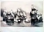 Reproduction d'une gravure intitulée "Lendemain de Trafalgar" - En fait, l'action eut lieu le surlendemain et il n'y eut pas d'engagement contrairement à ce que suggère la gravure