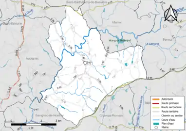 Carte en couleur présentant le réseau hydrographique de la commune