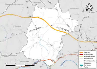 Carte en couleur présentant le réseau hydrographique de la commune