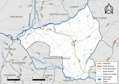 Carte en couleur présentant le réseau hydrographique de la commune