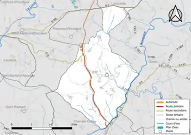 Carte en couleur présentant le réseau hydrographique de la commune