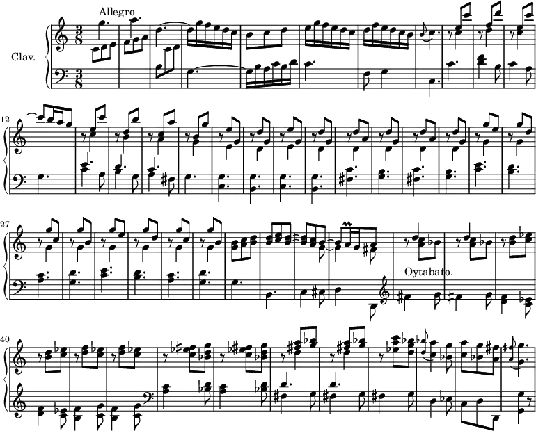 
\version "2.18.2"
\header {
  tagline = ##f
  % composer = "Domenico Scarlatti"
  % opus = "K. 255"
  % meter = "Allegro"
}
%% les petites notes
trillAqq       = { \tag #'print { a16\prall } \tag #'midi { \times 2/3 { a32 b a } } }
appoBC         = { \tag #'print { \appoggiatura b8 c4. } \tag #'midi { b4   \tempo 4. = 30 c8   \tempo 4. = 76 } }
appoAFisGG     = { \tag #'print { \appoggiatura < a fis' >8 < g g' >4. } \tag #'midi { < a fis' >4 \tempo 4. = 30 < g g' >8  \tempo 4. = 76  } }
rallFis        = { \tag #'print { fis''4^\markup{Oytabato.} g8 } \tag #'midi { \tempo 4. = 30 fis8~ \tempo 4. = 76 fis8 g8 } }
upper = \relative c'' {
  \clef treble 
  \key c \major
  \time 3/8
  \tempo 4. = 76
  \set Staff.midiInstrument = #"harpsichord"
  \override TupletBracket.bracket-visibility = ##f
      s8*0^\markup{Allegro}
      g'4. | a | d,4.~ | d16 g f e d c | b8 c d | e16 g f e d c |
      % ms. 7
      d f e d c b | \appoBC | 
      << { s8 e8 c' | s8 f,8 d' | s8 e,8 c'~ | c b16 a g8 } 
      \\ { b,8\rest c4 | b8\rest d4 | b8\rest c4 } >>
      % ms. 13
      << { s8 e8 c' | s8 d,8 b' |
      % ms. 15
      s8 c,8 a' | s8 b, g' | \repeat unfold 2 { s8 e8 g, | s8 d' g, } | \repeat unfold 2 { s8 d'8 a | s8 d8 g, } } 
      \\ % voix deux ms. 13 :
      { b8\rest c4 | b8\rest b4 | b8\rest a4 | b8\rest g4 | \repeat unfold 2 { b8\rest e,4 | b'8\rest d,4 } | \repeat unfold 4 { b'8\rest d,4 } } >> 
      % ms. 25
      << { \repeat unfold 2 { s8 g'8 e | s8 g8 d | s8 g8 c, | s8 g'8 b, } } 
      \\ {  \repeat unfold 8 { b8\rest g4 }  } >>
      % ms. 33
      < g b >8 < a c > < b d > | << { q < c e > < b d >~ | q < a c > b8~ | b8 \trillAqq g16 a8 } \\ { s4. s4 g8~ | g4 fis8 } >> | \repeat unfold 2 { r8 << { d'4 } \\ { < a c >8 bes } >> }
      % ms. 39
      \repeat unfold 2 { r8 < b d >8 < c ees > } | \repeat unfold 2 { r8 < d f >8 < c ees > } | \repeat unfold 2 { r8 < c ees fis >8 < bes d g > } | 
      % ms. 45
      \repeat unfold 2 { r8 << { < fis' a > < g bes > } \\ { d4 } >> } | r8 < ees a c >8 < d g bes > | \appoggiatura < d bes' >8 < c a' >4 < bes g' >8 | < c a' >8 < bes g' > < a fis' > \appoAFisGG |
      % ms. 53
      % ms. 60
      % ms. 67
      % ms. 74
}
lower = \relative c' {
  \clef bass
  \key c \major
  \time 3/8
  \set Staff.midiInstrument = #"harpsichord"
  \override TupletBracket.bracket-visibility = ##f
    % ************************************** \appoggiatura a16  \repeat unfold 2 {  } \times 2/3 { }   \omit TupletNumber 
      \stemDown \change Staff = "upper" c8 d e | f g a | \change Staff = "lower" b, \change Staff = "upper" c d | \change Staff = "lower" g,4.~ | g16 b a c b d | c4. |
      % ms. 7
      f,8 g4 | c,4. | c' | < d f >4 b8 | c4 a8 | g4. | << { e'4. d c } \\ { c4 a8 | b4 g8 | a4 fis8 } >>
      % ms. 16
      g4. \repeat unfold 2 { < c, g' > < b g' > } | \repeat unfold 2 { < fis' c' > < g b > } |
      % ms. 25
      \repeat unfold 2 { < c e >4. < b d > < a c > < g d' > }
      % ms. 33
      g4. b, c4 cis8 | d4 d,8   \clef treble  | \rallFis  | fis4 g8 |
      % ms. 39
      \repeat unfold 2 { < d f >4 < c ees >8 } | \repeat unfold 2 { < b f' >4 < c g' >8 } |   \clef bass \repeat unfold 2 { < a c >4 < bes d >8 } |
      % ms. 45
      \repeat unfold 2 { << { d4. } \\ { fis,4 g8 } >> } | fis4 g8 | d4 ees8 | c d d, | < g g' >4 r8 | 
      % ms. 53
      % ms. 60
      % ms. 67
      % ms. 74
}
thePianoStaff = \new PianoStaff <<
    \set PianoStaff.instrumentName = #"Clav."
    \new Staff = "upper" \upper
    \new Staff = "lower" \lower
  >>
\score {
  \keepWithTag #'print \thePianoStaff
  \layout {
      #(layout-set-staff-size 17)
    \context {
      \Score
     \override SpacingSpanner.common-shortest-duration = #(ly:make-moment 1/2)
      \remove "Metronome_mark_engraver"
    }
  }
}
\score {
  \keepWithTag #'midi \thePianoStaff
  \midi { }
}
