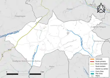 Carte en couleur présentant le réseau hydrographique de la commune