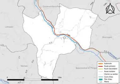 Carte en couleur présentant le réseau hydrographique de la commune