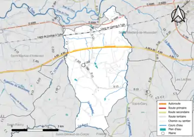 Carte en couleur présentant le réseau hydrographique de la commune