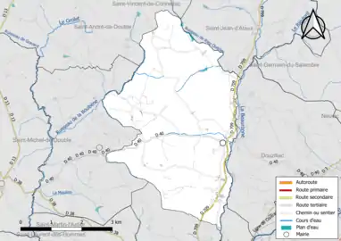 Carte en couleur présentant le réseau hydrographique de la commune