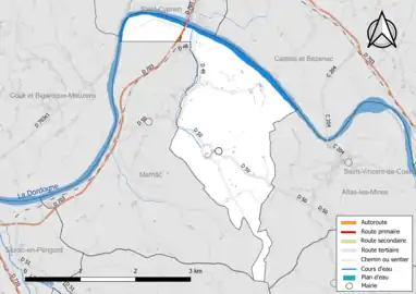 Carte en couleur présentant le réseau hydrographique de la commune