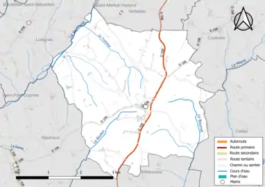 Carte en couleur présentant le réseau hydrographique de la commune