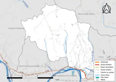 Carte en couleur présentant le réseau hydrographique de la commune