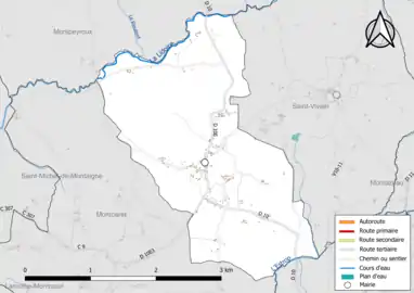 Carte en couleur présentant le réseau hydrographique de la commune