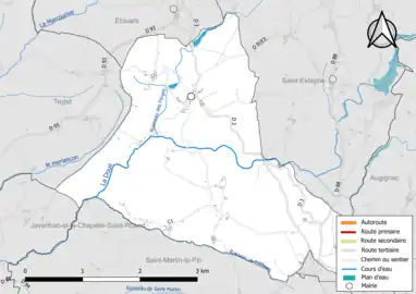 Carte en couleur présentant le réseau hydrographique de la commune