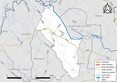 Carte en couleur présentant le réseau hydrographique de la commune