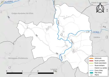 Carte en couleur présentant le réseau hydrographique de la commune