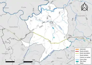 Carte en couleur présentant le réseau hydrographique de la commune