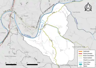 Carte en couleur présentant le réseau hydrographique de la commune