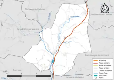 Carte en couleur présentant le réseau hydrographique de la commune