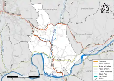 Carte en couleur présentant le réseau hydrographique de la commune