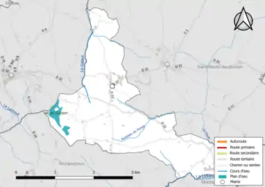 Carte en couleur présentant le réseau hydrographique de la commune