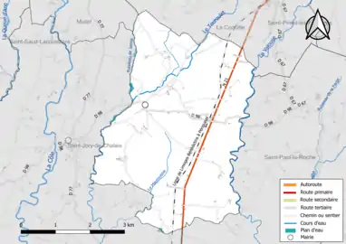 Carte en couleur présentant le réseau hydrographique de la commune