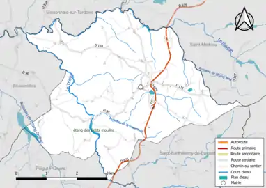 Carte en couleur présentant le réseau hydrographique de la commune