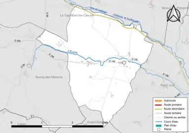 Carte en couleur présentant le réseau hydrographique de la commune