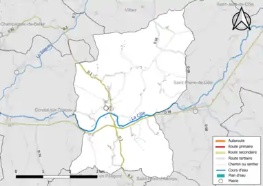 Carte en couleur présentant le réseau hydrographique de la commune