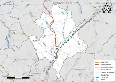 Carte en couleur présentant le réseau hydrographique de la commune