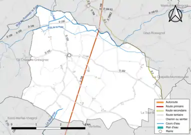 Carte en couleur présentant le réseau hydrographique de la commune