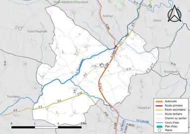 Carte en couleur présentant le réseau hydrographique de la commune