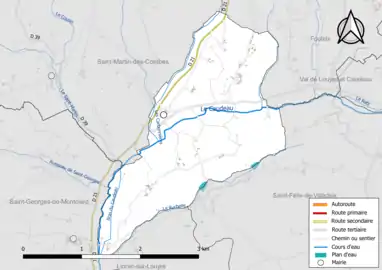 Carte en couleur présentant le réseau hydrographique de la commune