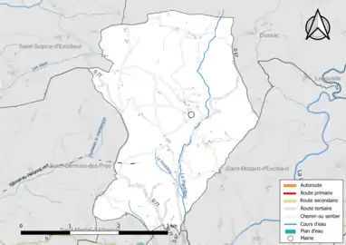 Carte en couleur présentant le réseau hydrographique de la commune