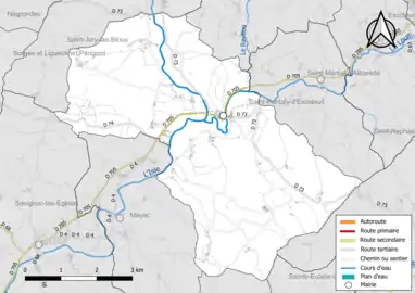 Carte en couleur présentant le réseau hydrographique de la commune