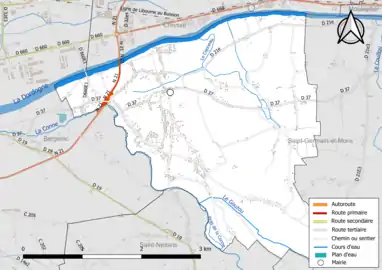 Carte en couleur présentant le réseau hydrographique de la commune