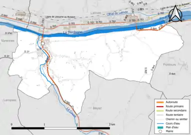 Carte en couleur présentant le réseau hydrographique de la commune