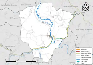 Carte en couleur présentant le réseau hydrographique de la commune