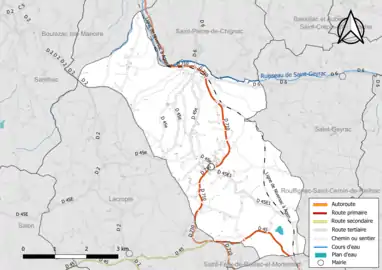 Carte en couleur présentant le réseau hydrographique de la commune