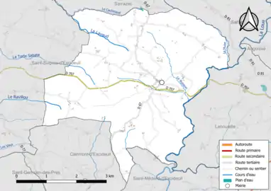 Carte en couleur présentant le réseau hydrographique de la commune