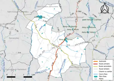 Carte en couleur présentant le réseau hydrographique de la commune