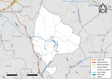 Carte en couleur présentant le réseau hydrographique de la commune