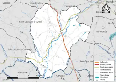 Carte en couleur présentant le réseau hydrographique de la commune