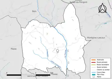 Carte en couleur présentant le réseau hydrographique de la commune