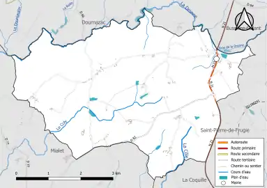 Carte en couleur présentant le réseau hydrographique de la commune