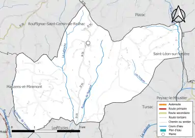 Carte en couleur présentant le réseau hydrographique de la commune