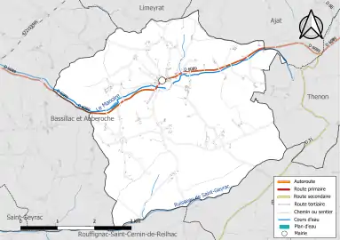 Carte en couleur présentant le réseau hydrographique de la commune